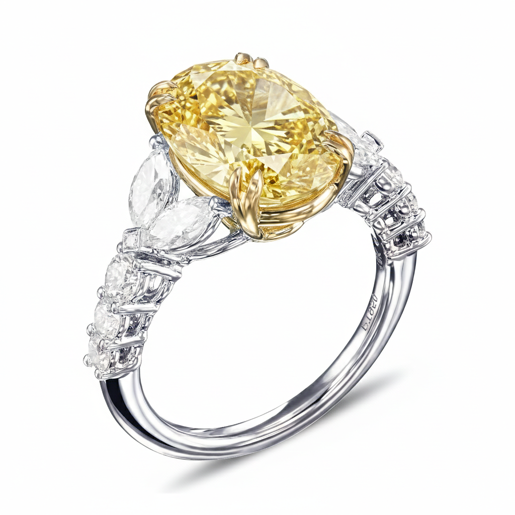 Yellow oval cut with white marquise and round cut diamond ring in white gold side profile