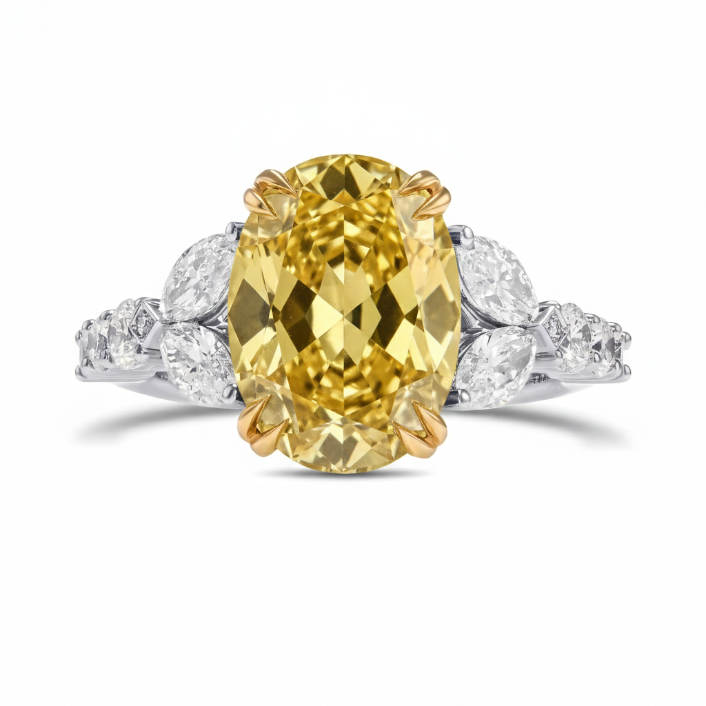 Yellow Oval cut with white marquise and round cut diamond ring in white gold top view