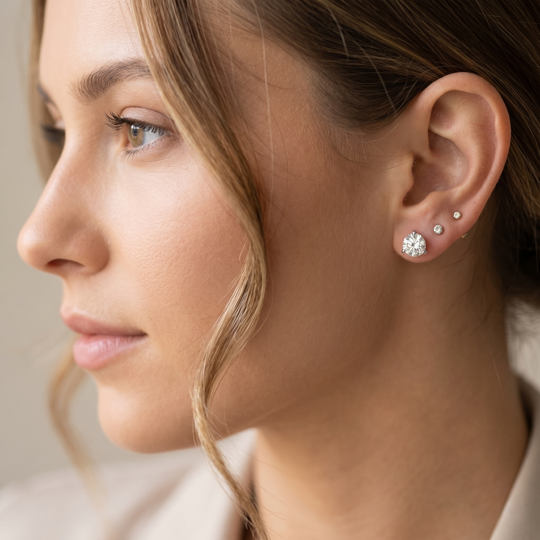 1.00 Ctw Round Cut Diamond Stud Earrings Martini Style H Color VS1 GIA Certified