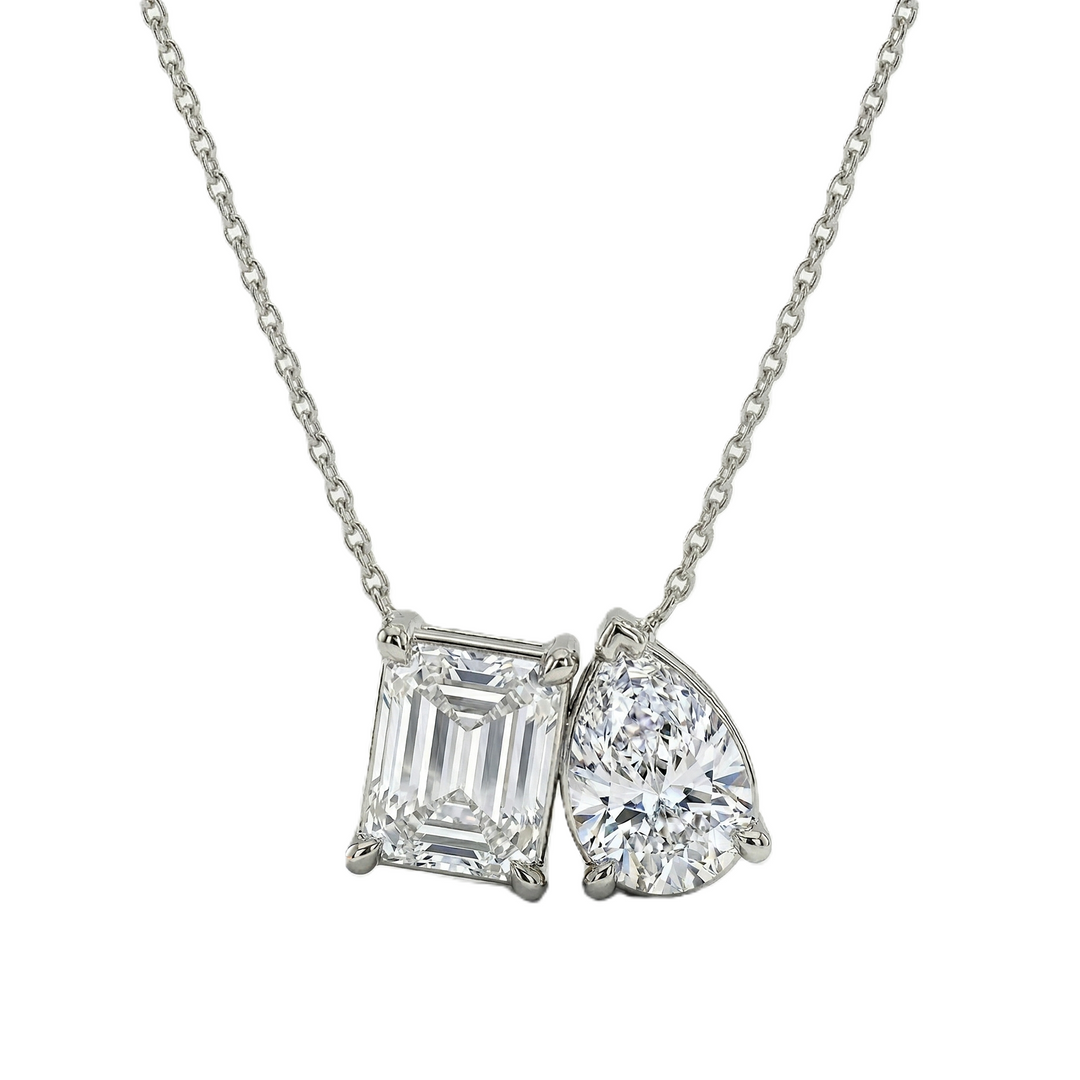 Lab Grown Toi et Moi Necklace Emerald & Pear Diamond IGI Certified