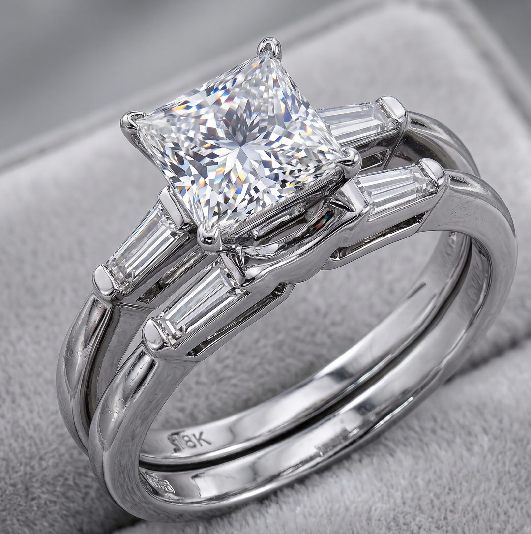 1.70 Ct. Princess Cut Engagement Ring Set with Baguettes G Color VS1 GIA Certified