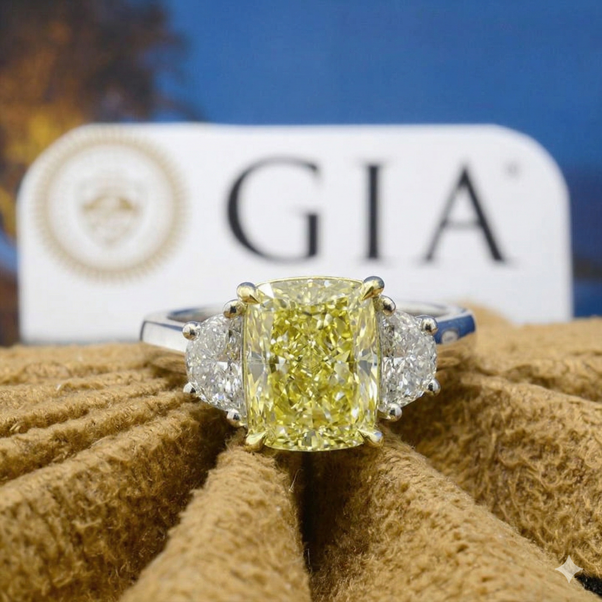 Yellow center cushion with half moons 3 stone ring with a gia logo in the background