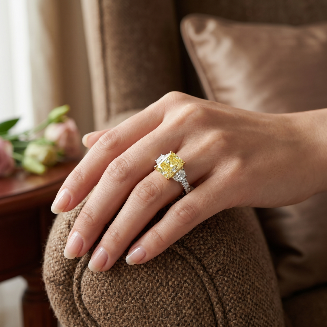 Rectangular Radiant cut Yellow diamond with 2 side half moons and round cut pave diamond ring on hand model