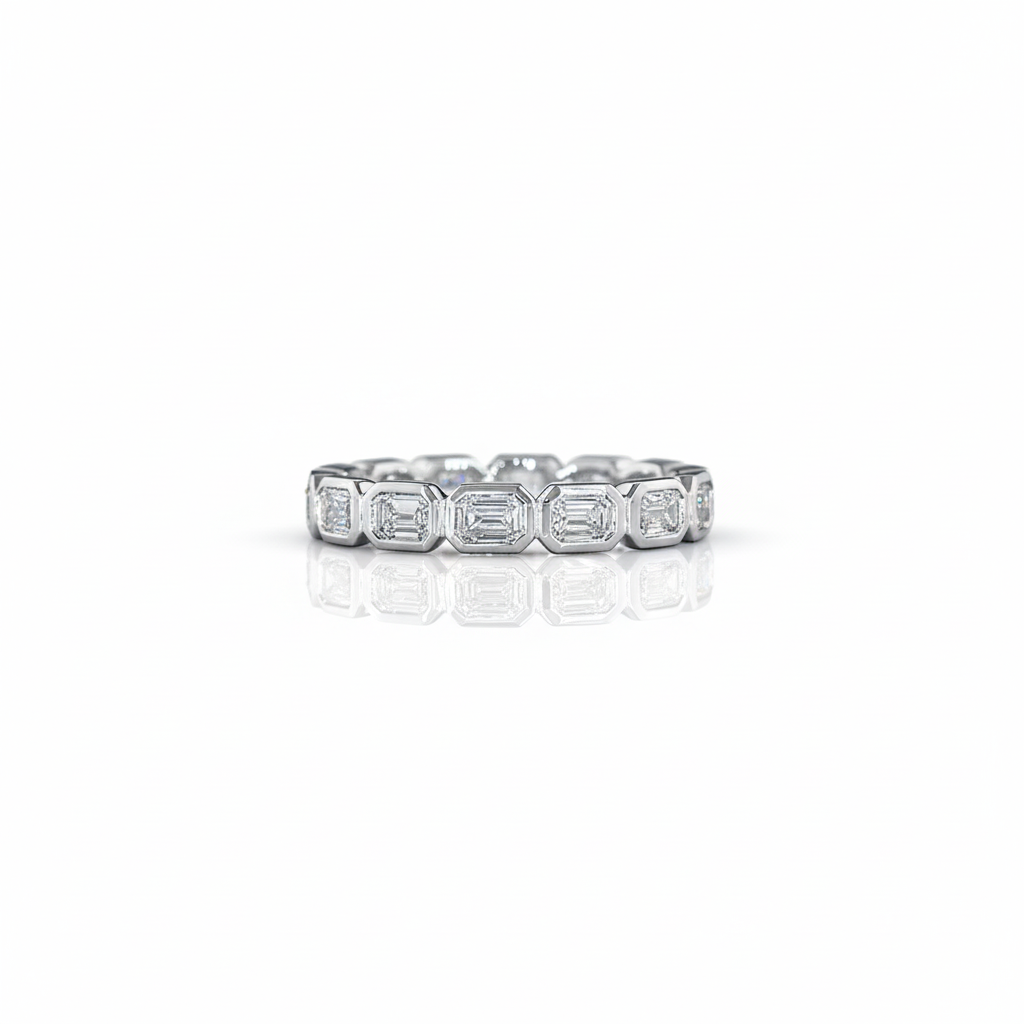 Emerald Cut Bezel Eternity East-West Band in white gold