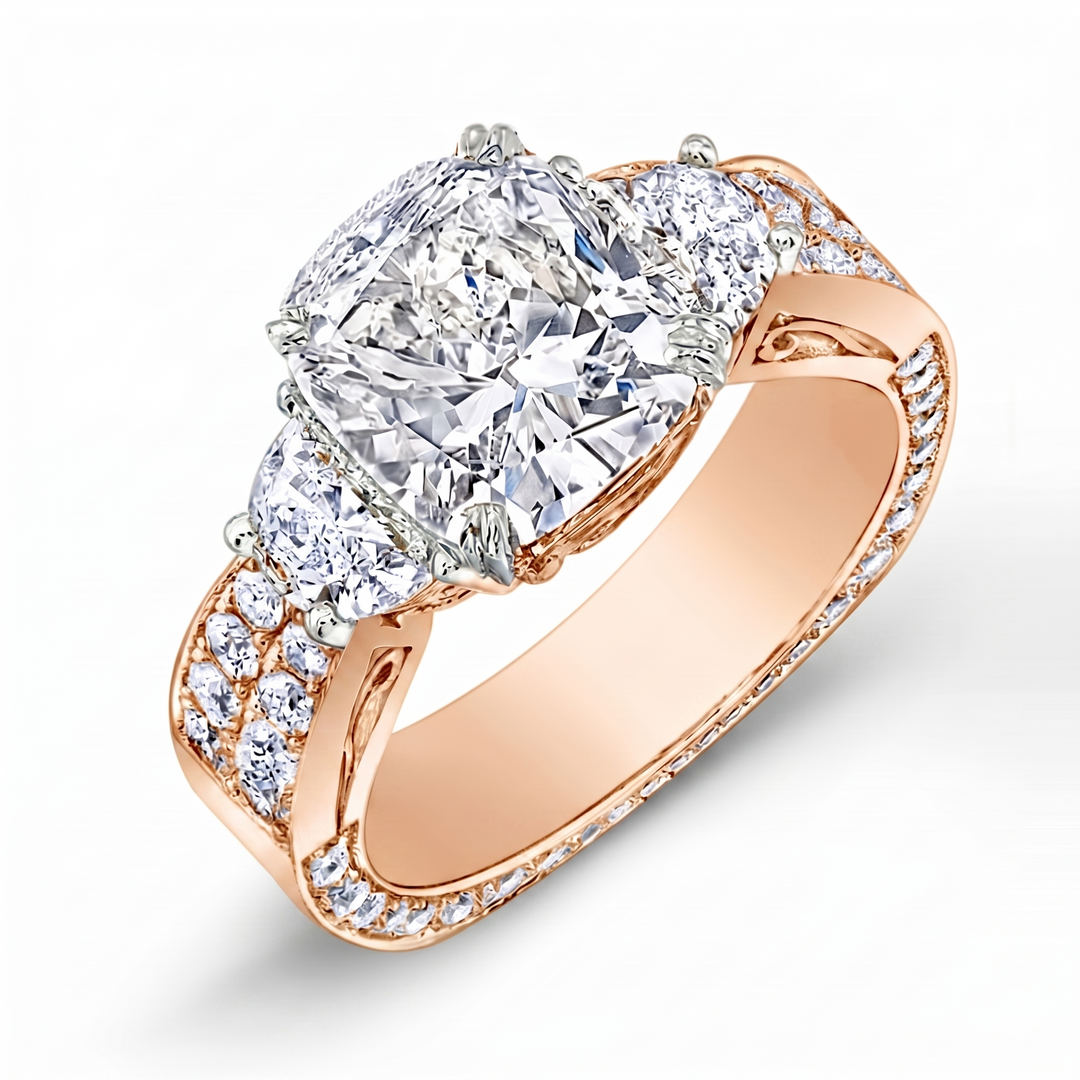 2.60 Ct. Cushion & Half Moon Wide Shank Diamond Ring G Color VS2 GIA Certified