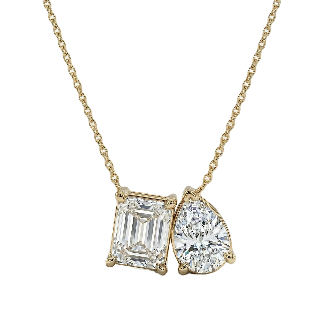 Lab Grown Toi et Moi Necklace Emerald & Pear Diamond IGI Certified