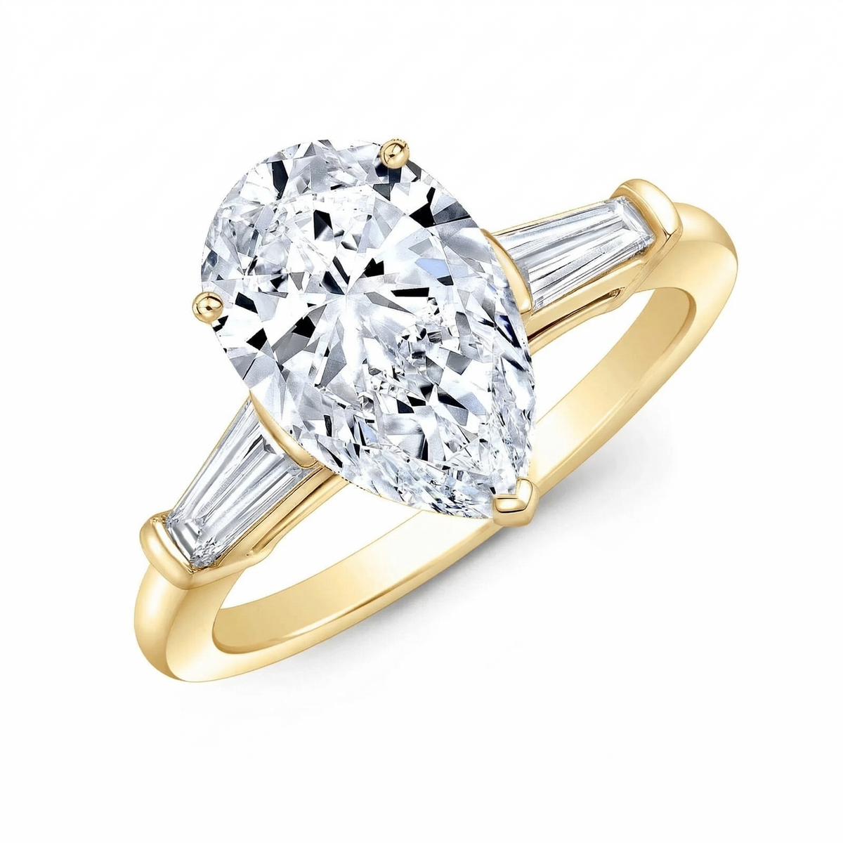 Pear cut diamond center and baguette side diamonds in yellow gold  