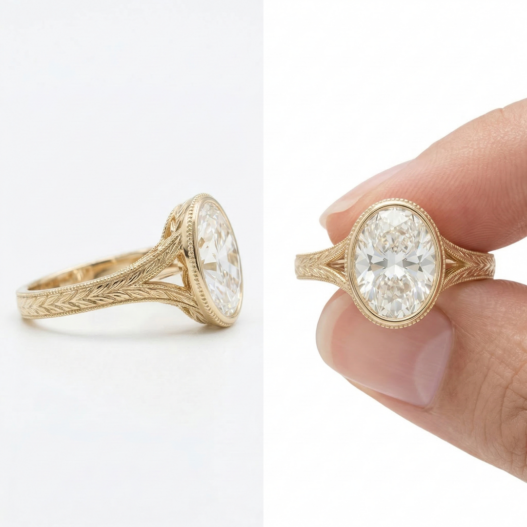 Oval bezel diamond with engraved split shank ring in yellow gold
