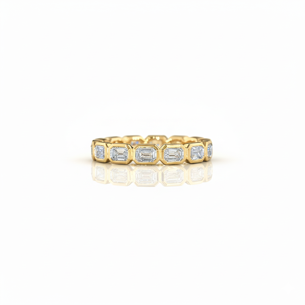 Emerald Cut Bezel Eternity East-West Band in yellow gold