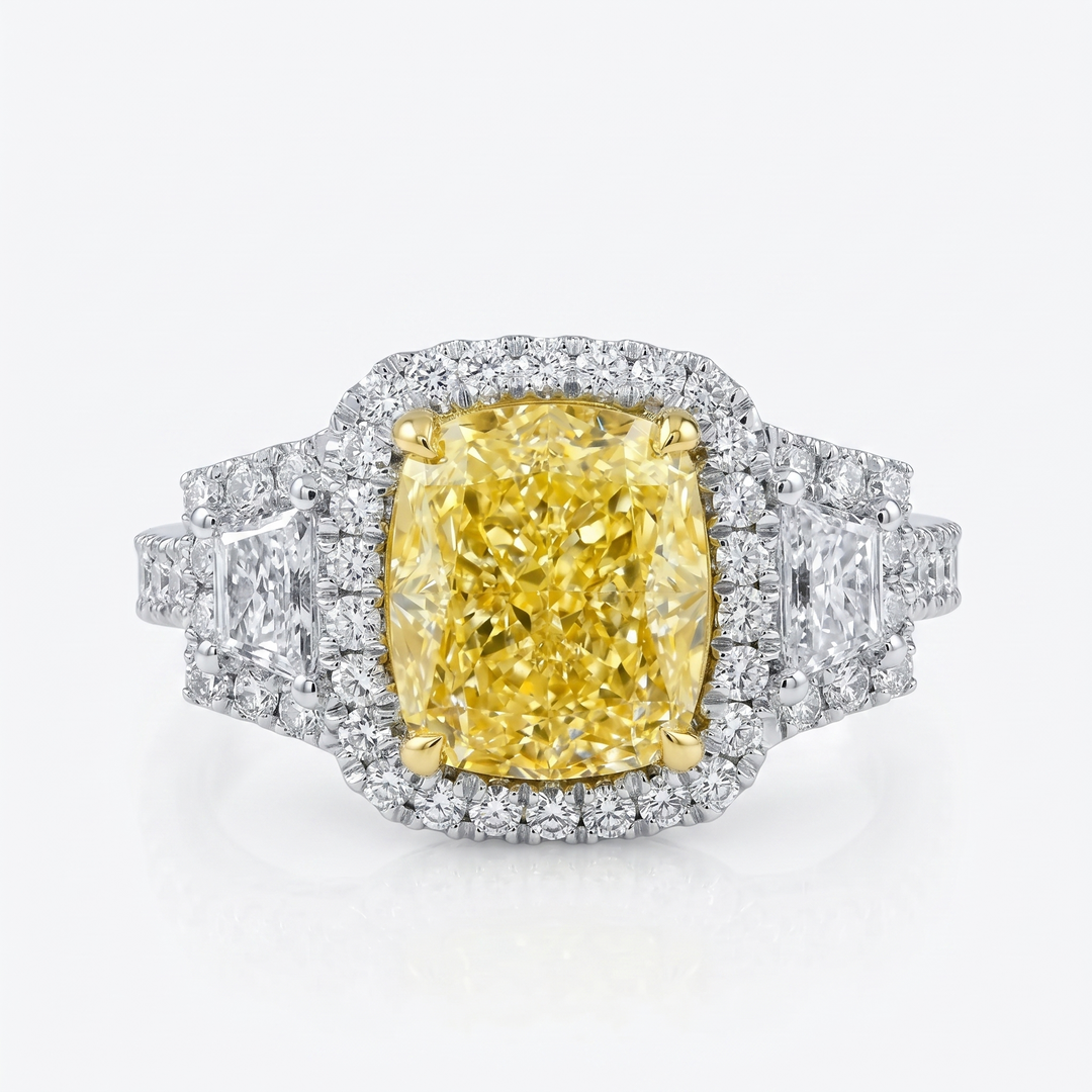 Lab Grown Yellow Cushion Cut with Trapeziod Halo Diamond Ring VVS2 IGI Certified