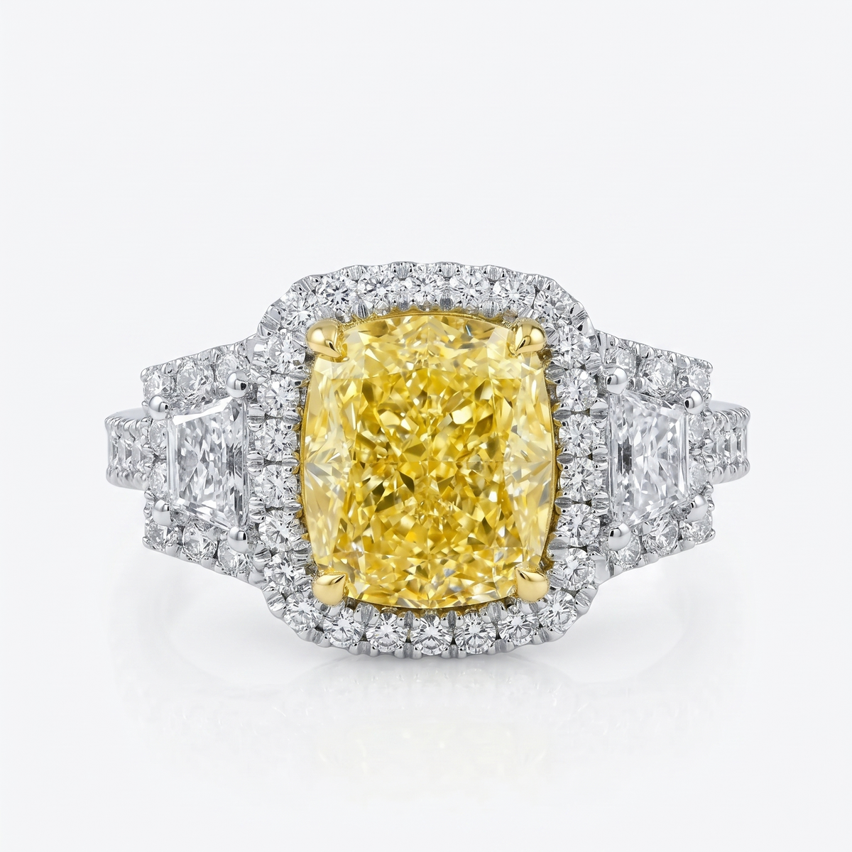 Halocushionyellowandtrapezoiddiamondring