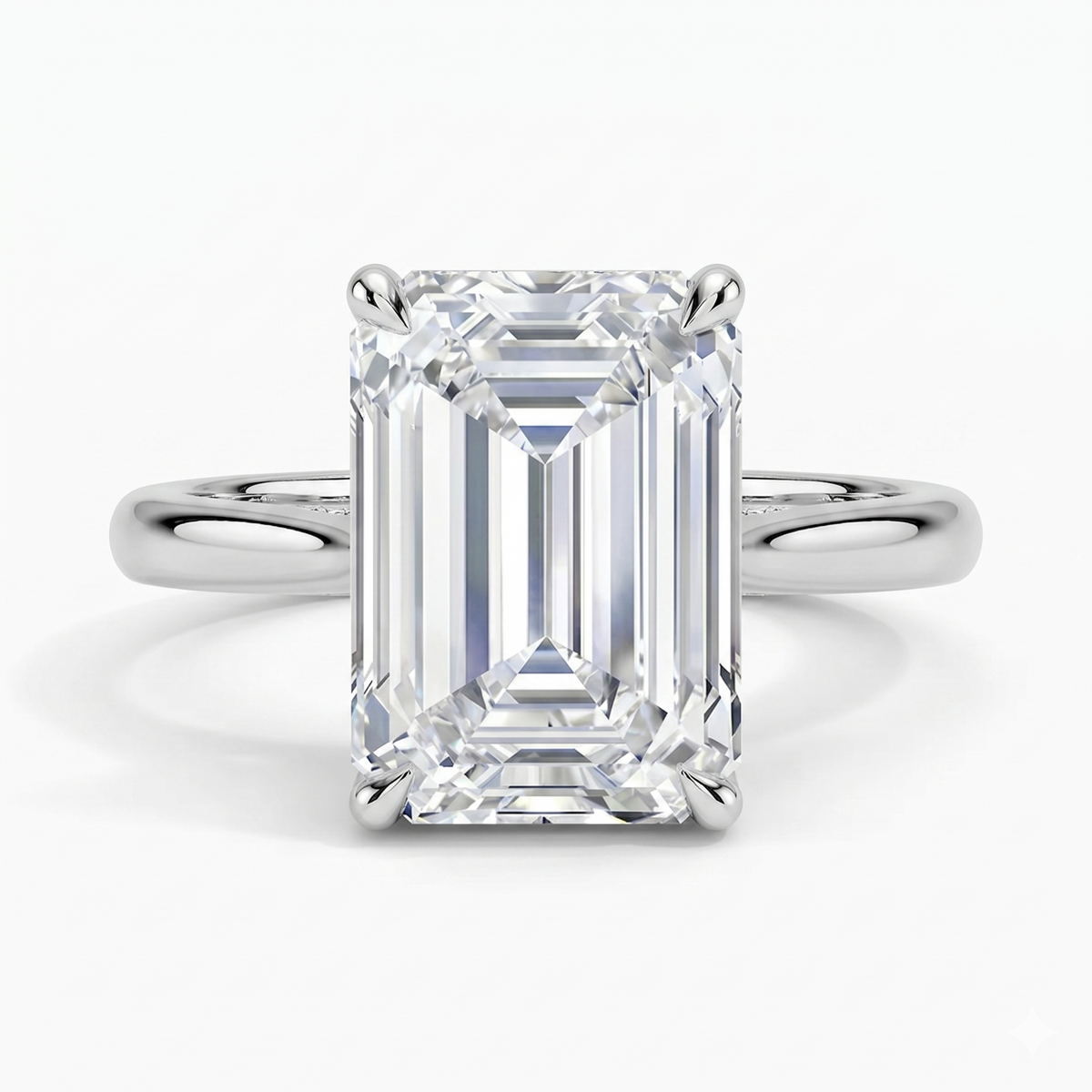 Hidden halo emerald cut center diamond ring in white gold top view