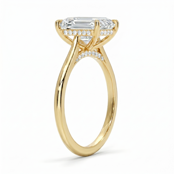 Hidden halo Emerald cut center diamond ring in yellow gold side profile