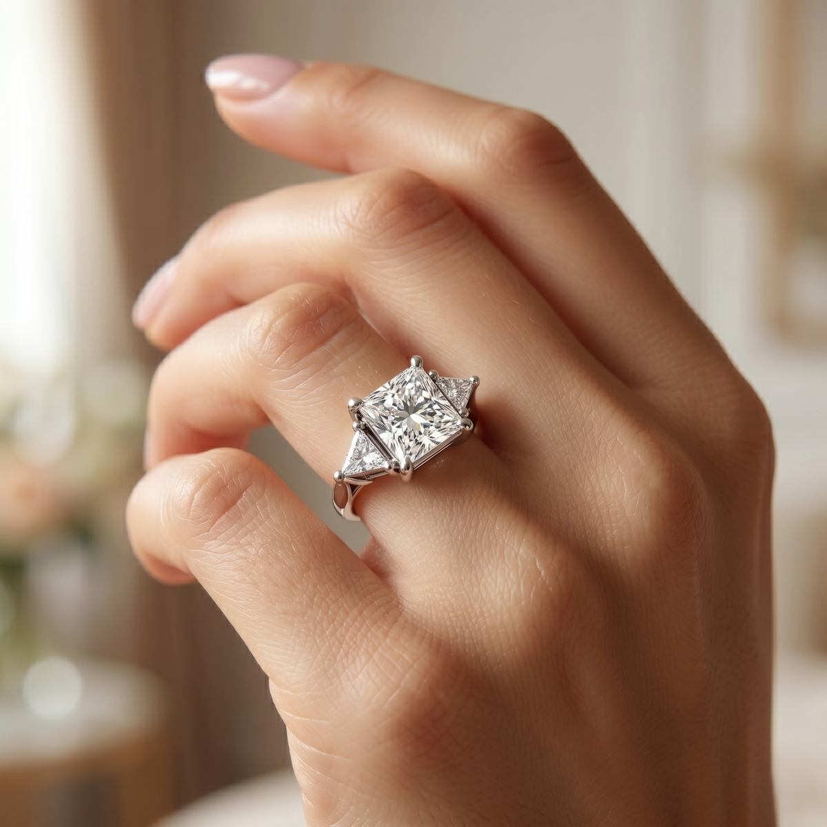 Diamond ring on a hand with a blurred background