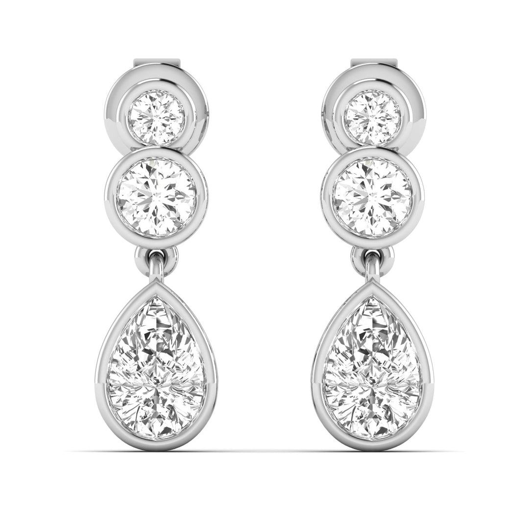 Pear & Round Diamond Bezel Set Dangling Earrings in white gold