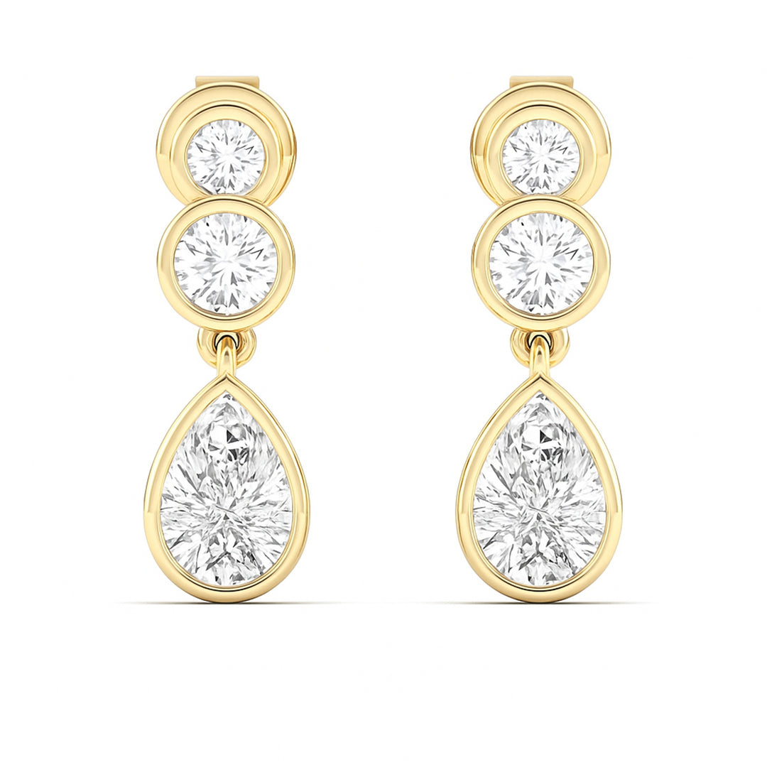 Pear & Round Diamond Bezel Set Dangling Earrings in yellow gold 