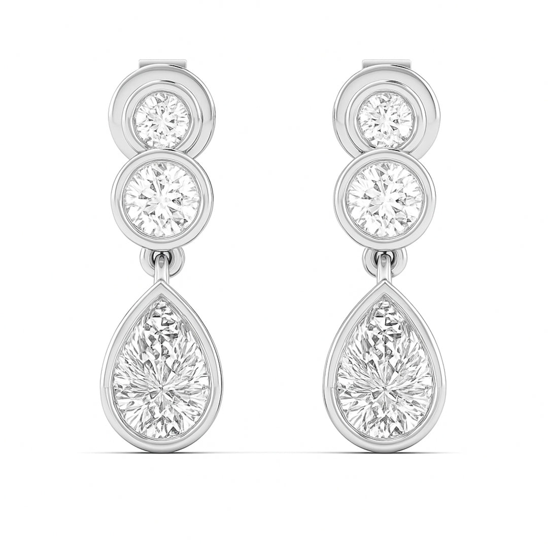 Pear & Round Diamond Bezel Set Dangling Earrings in white gold