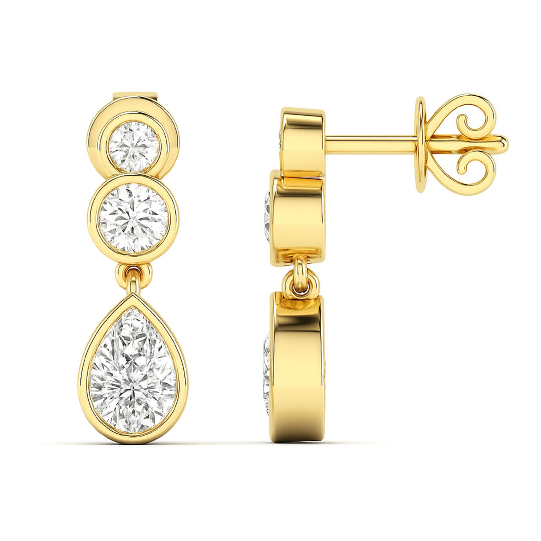 Pear & Round Diamond Bezel Set Dangling Earrings in yellow gold