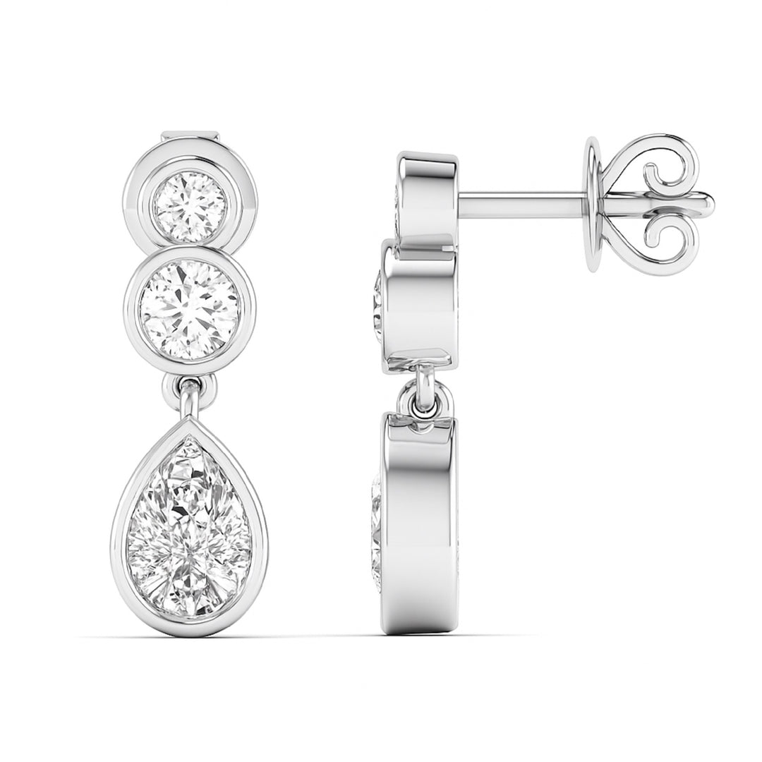 Pear & Round Diamond Bezel Set Dangling Earrings in white gold