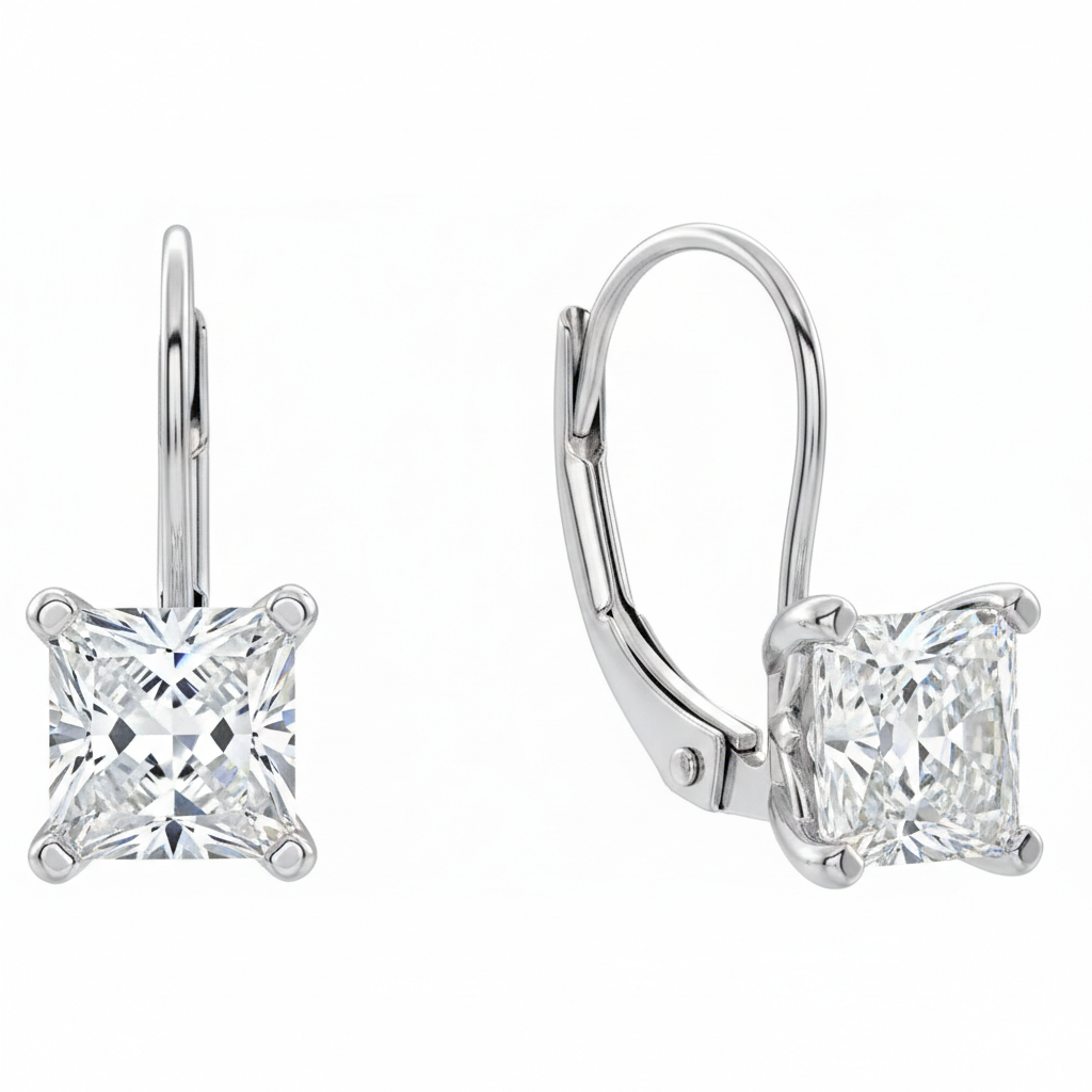 Lever Back Princess Cut Diamond Earrings Front View White Background