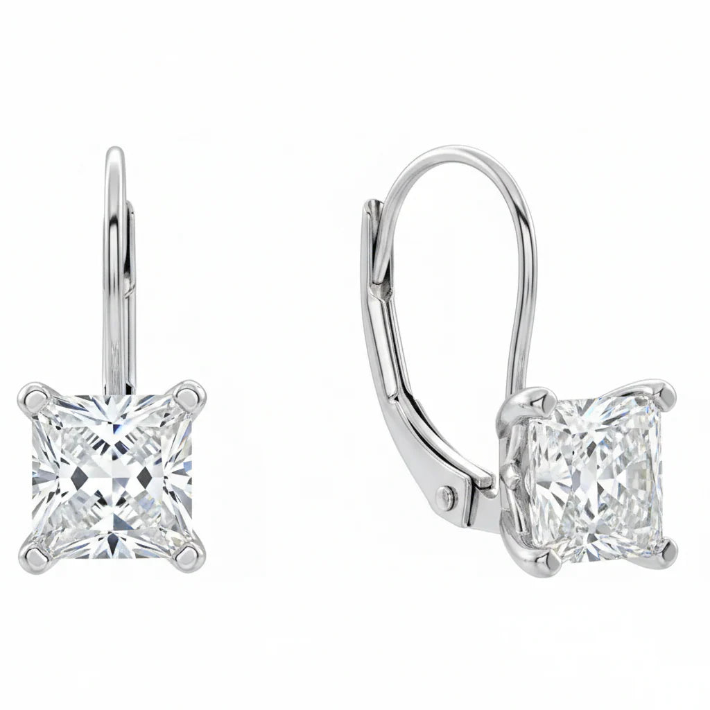 Princess Cut Lever Back Diamond Earrings in white gold