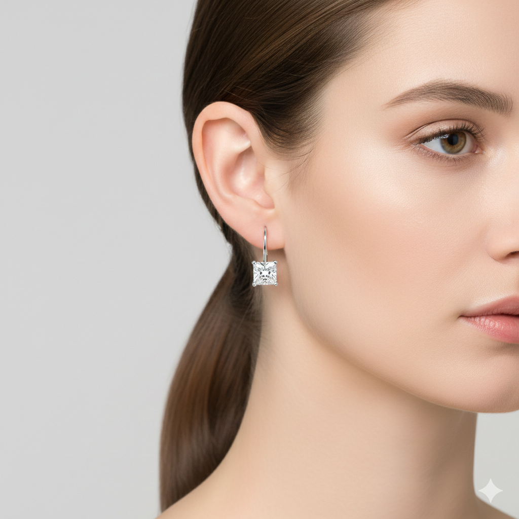 Close-up of a woman wearing a Lever Back diamond earring on a plain background