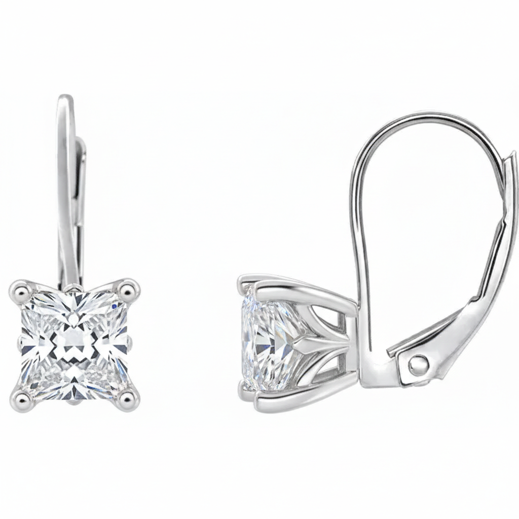 Lever back princess cut diamond earrings side view