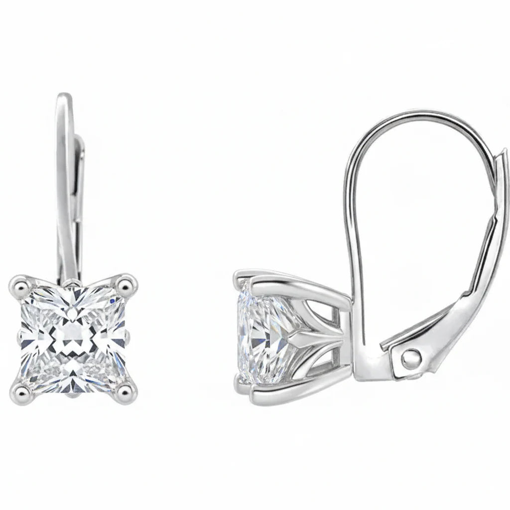 Princess Cut Lever Back Diamond Earrings in white gold 