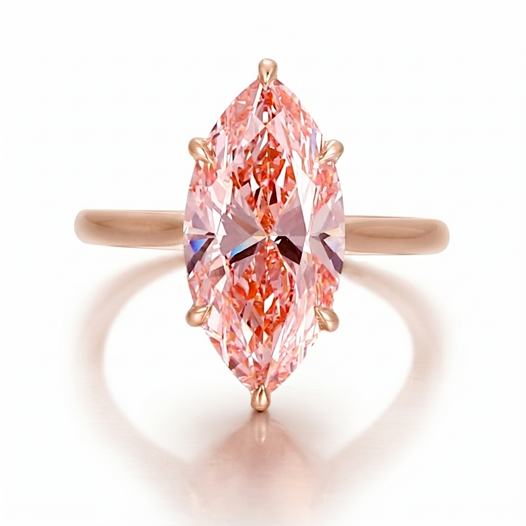 Marquise Fancy vivid pink center diamond solitaire ring in rose gold