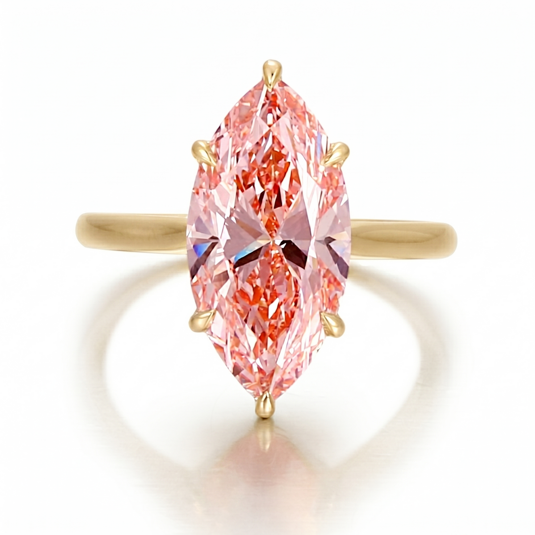 Marquise Fancy vivid pink center diamond solitaire ring in yellow gold