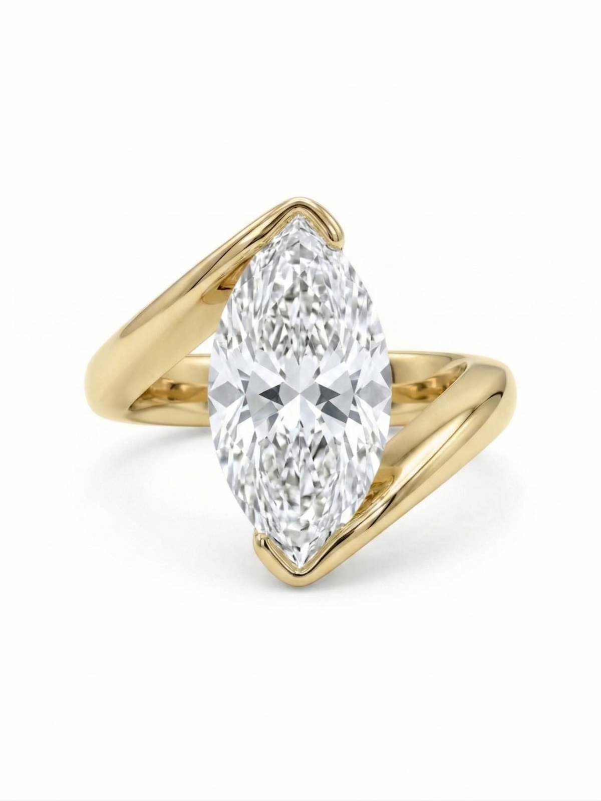 Marquise diamond center solitaire bypass ring in yellow gold