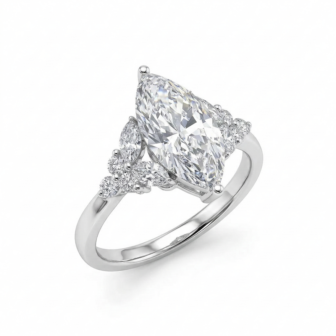 Marquise center Diamond Ring with side marquise and round cut in White Gold