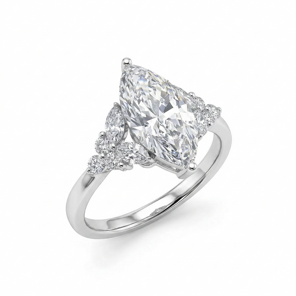 Marquise center Diamond Ring with side marquise and round cut in White Gold
