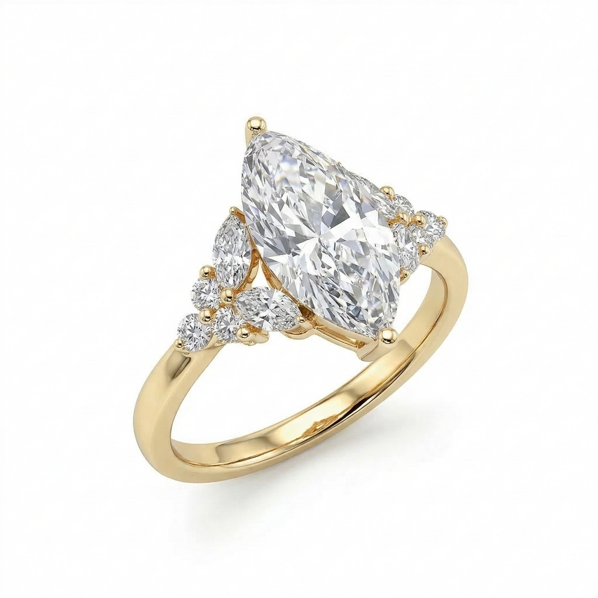 Marquise center diamond ring with side marquise and round cut in yellow gold