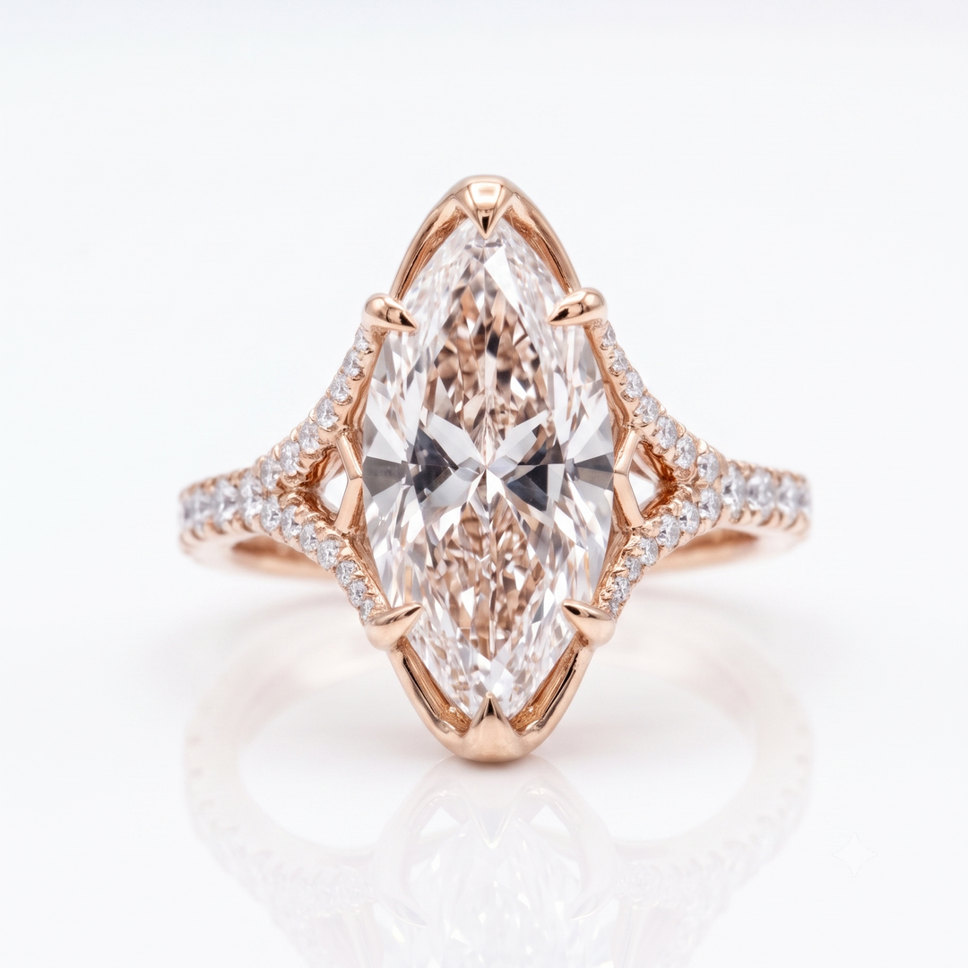 Marquise Diamond  Round U-Pave Split Shank Ring in rose gold top view