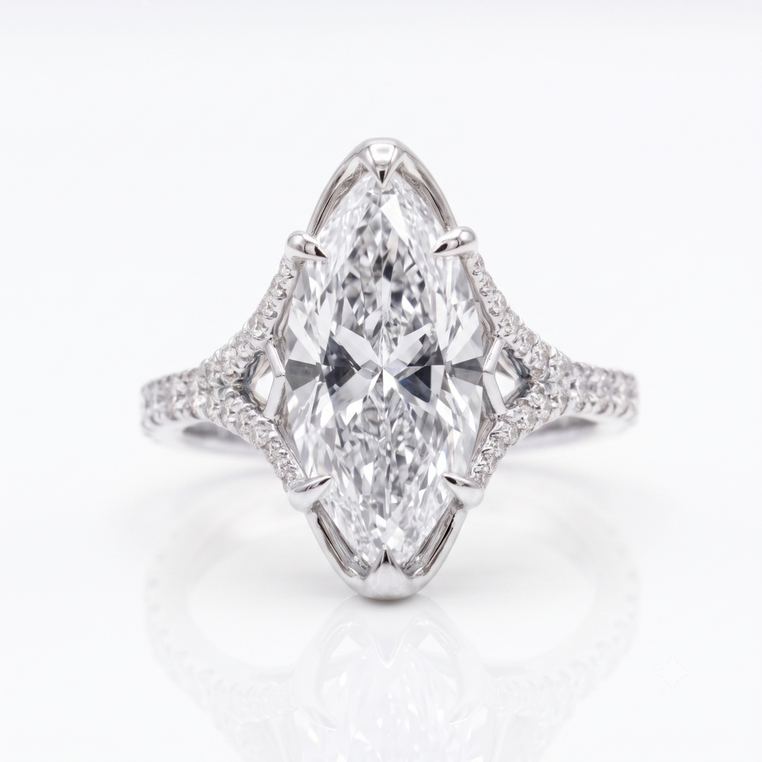 Marquise Diamond  Round U-Pave Split Shank Ring in white gold top view