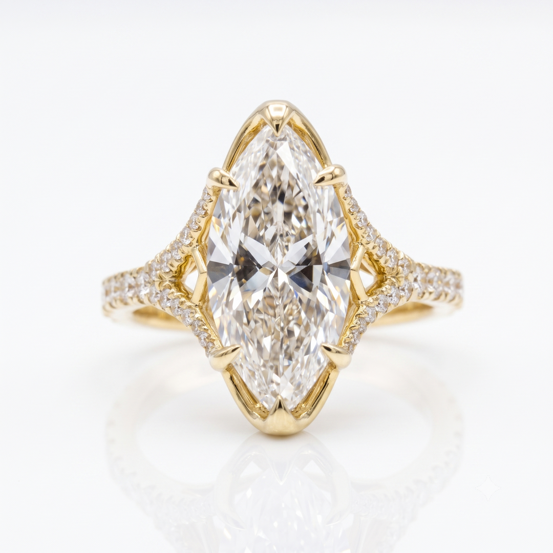 Marquise Diamond  Round U-Pave Split Shank Ring in yellow gold top view