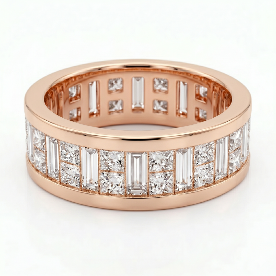 Men's Baguette & Princess Invisible Set Eternity Ring 7.5mm Width F Color VS1 (6 Ctw)