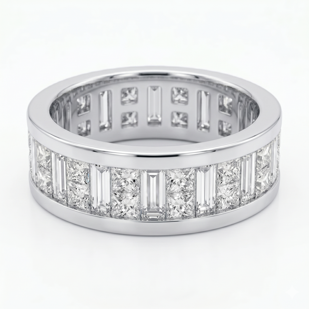 Men's Baguette & Princess Invisible Set Eternity Ring 7.5mm Width F Color VS1 (6 Ctw)