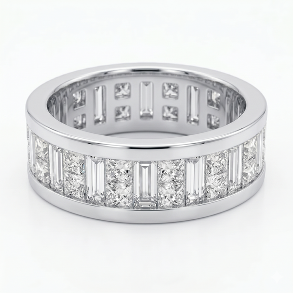 Men's Baguette & Princess Invisible Set Eternity Ring 7.5mm Width F Color VS1 (6 Ctw)
