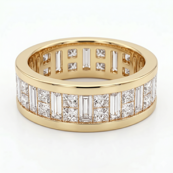 Men's Baguette & Princess Invisible Set Eternity Ring 7.5mm Width F Color VS1 (6 Ctw)