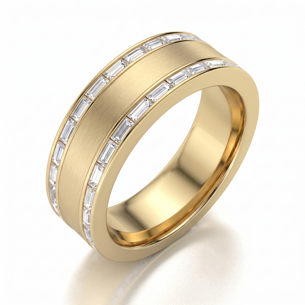 Men's channel set 2 row baguette diamond ring in yellow gold
