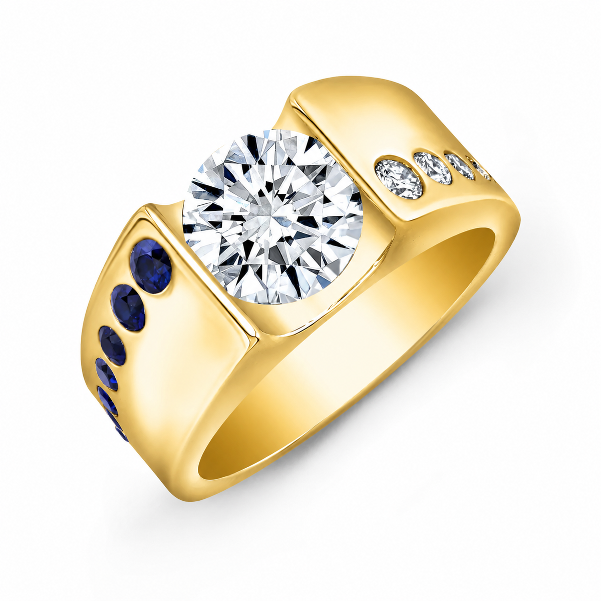 Men's tension set engagement ring yellow gold with diamonds and sapphires