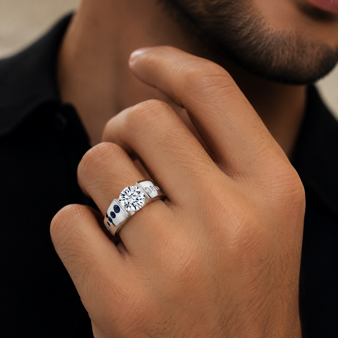 Men's Tension Set Engagement Ring on Hand