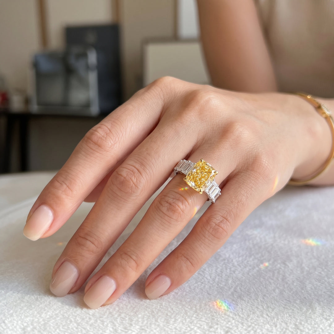 5.60 Ctw Fancy Intense Yellow Elongated Cushion Cut with Emerald Diamond Ring VS1 GIA