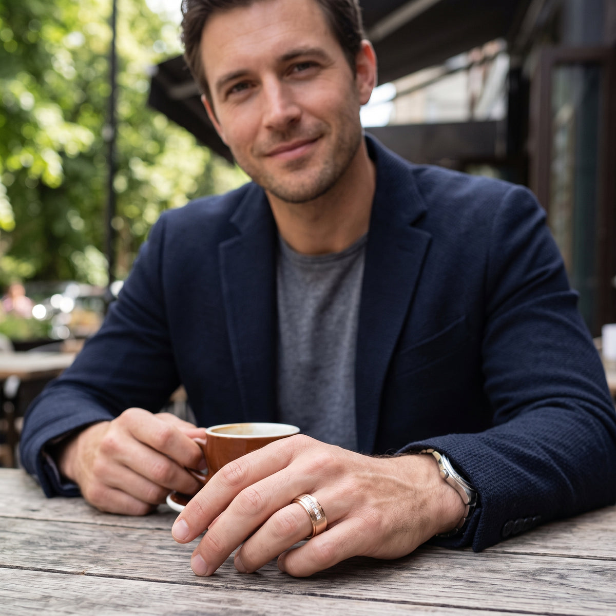Model wearing lab grown princess cut diamond  5 stone men's ring