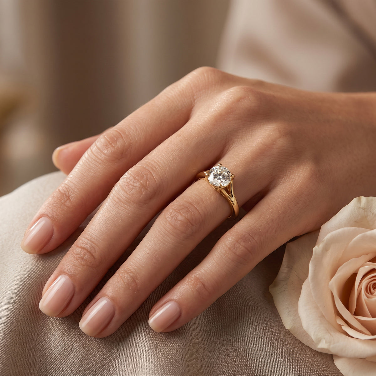 A close up of a hand wearing a gold engagement ring with a round brilliant cut diamond, resting on soft beige fabric next to a pale pink rose
