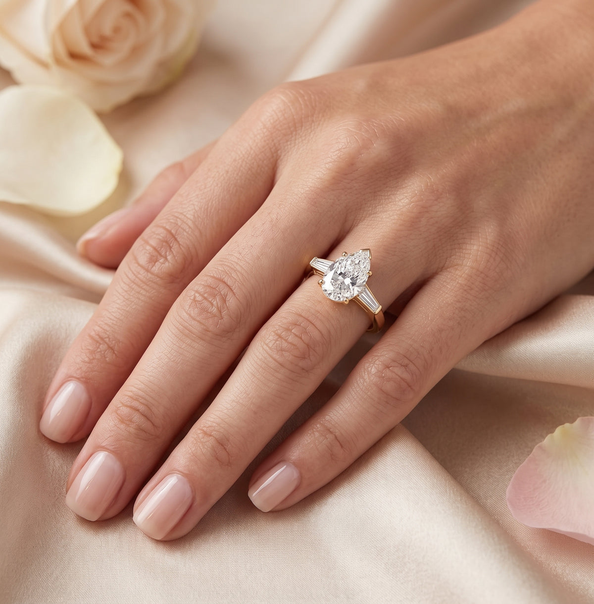 2 ctw three stone pear & baguette engagement ring h color vs1 gia certified