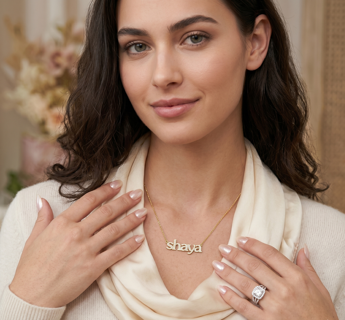 Custom name necklace shaya with diamond on a model yellow gold