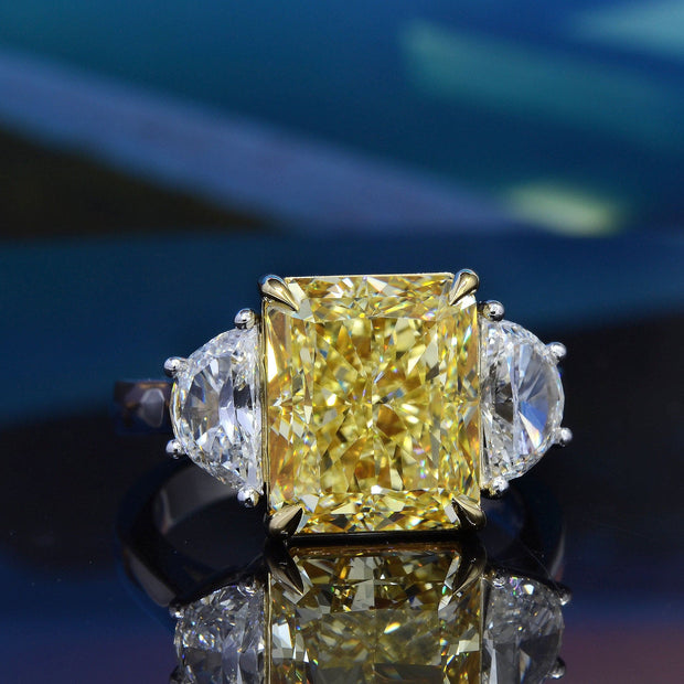 8.0 Ctw Fancy Light Yellow Radiant & Half Moons 3 Stone Diamond Ring GIA Certified